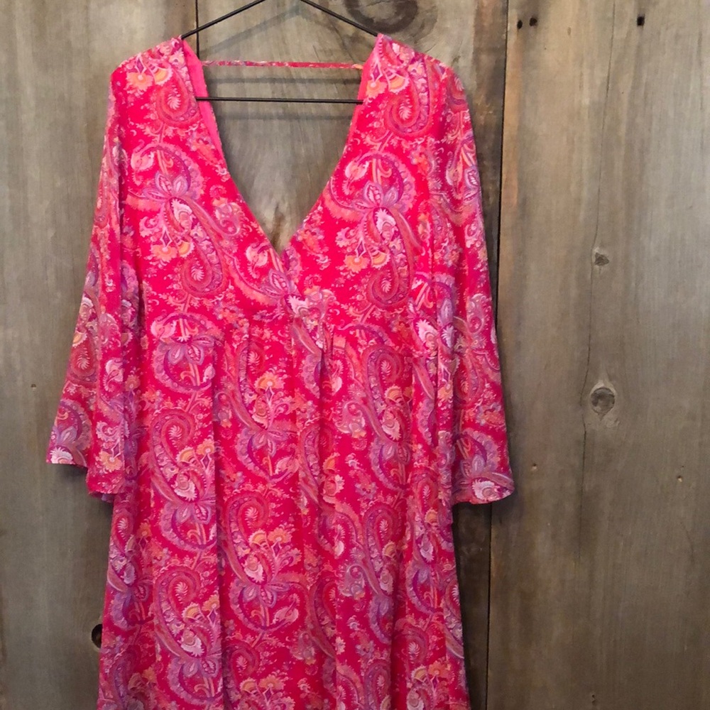 Everly Paisley Wrap Bell Sleeve Dress in Pink Size Small